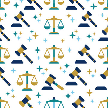 Seamless pattern of justice scales and gavel graphic elements on white background