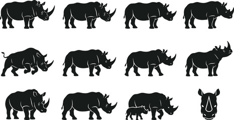 Rhinoceros Silhouette Icon Set featuring African Wildlife in Various Poses like Charging Standing and Walking with Cub for Nature Conservation and Safari Graphic Designs © Sajjad