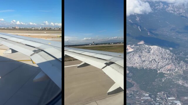 Split screen airplane window view: clouds and wing on left, sunset horizon on right, flight travel.