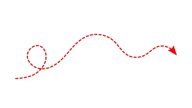 Red dashed line, loopy arrow animation, wavy path motion graphic, travel route indicator, isolated on white background, business progress concept, directional visual aid.
