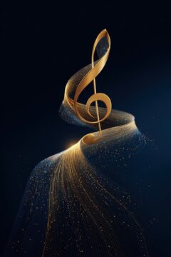 Elegant golden treble clef music note symbol on a dark blue background surrounded by glowing light trails and glitter particles, perfect for elegant concert posters and classical events.