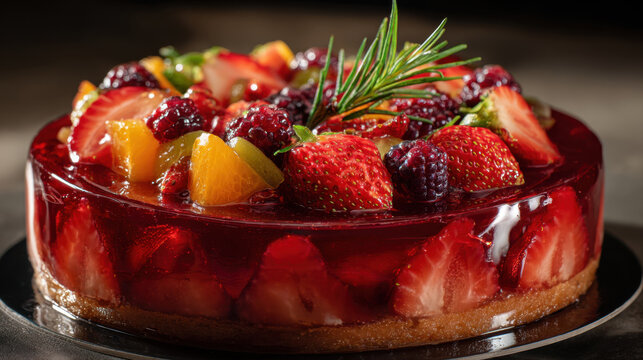 Gourmet delicious jelly fruit cake topped with fresh strawberries, ripe blackberries, and orange slices resting on a dark plate, ideal for confectionery menus, birthday celebrations and blogs.