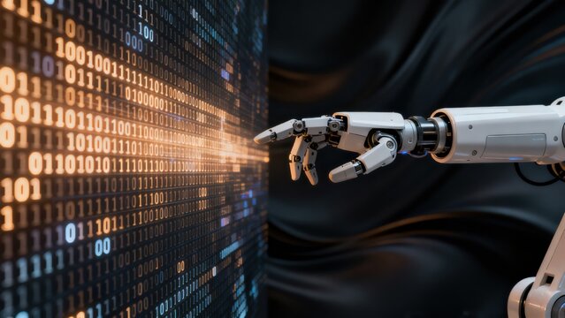 Robot hand interacting with binary code