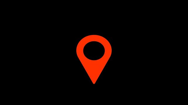 Red location pin animation, map marker icon on black background, GPS navigation symbol, travel destination point, logistics and tracking concept, 4k motion graphic element.
