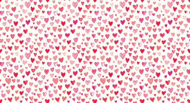 Cute Hand-Drawn Watercolor Pink and Red Hearts Seamless Vector Pattern Background