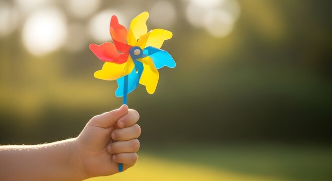 Child holding colorful pinwheel toy outdoors celebrating USA Independence Day summer holiday