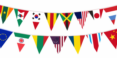 Pennant garland featuring various national flags on a white background © MituRani