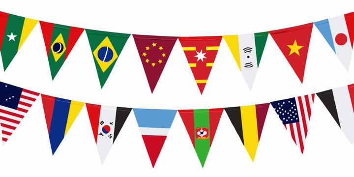 International pennant garland on a white background national flags displayed