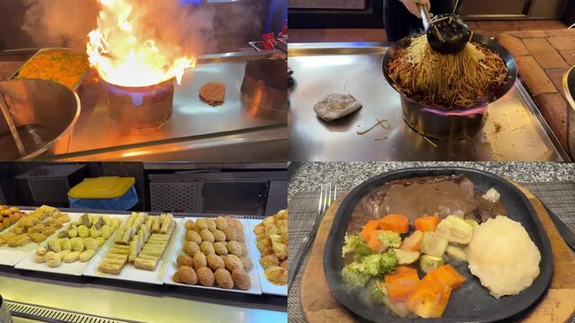 Split screen illustrating the diverse cooking processes at an all-inclusive resort buffet, with chefs grilling meats, frying seafood, baking pastries, and preparing salads and desserts.