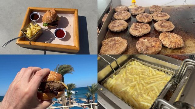 Split screen fast food: burger and fries on one side, pizza slice on the other, quick meal comparison.
