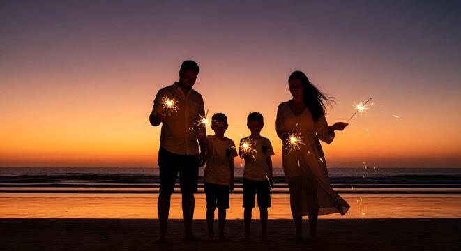 Happy family celebrating USA Independence Day with sparklers on the beach sunset