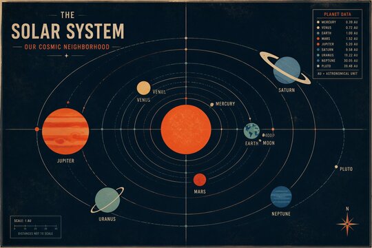 Solar system diagram showing planetary orbits in space background