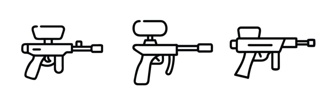 Paintball tournament outline icons set shooting marker gun tactical combat pistol airsoft rifle weapon extreme sport game  vector illustration with editable stroke.