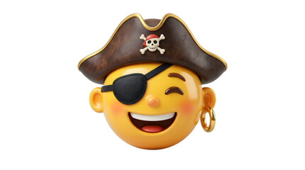 Naklejka premium Pirate emoji character with tricorne hat and eye patch, 3D rendered smiling pirate face icon, yellow cartoon buccaneer avatar with gold earring