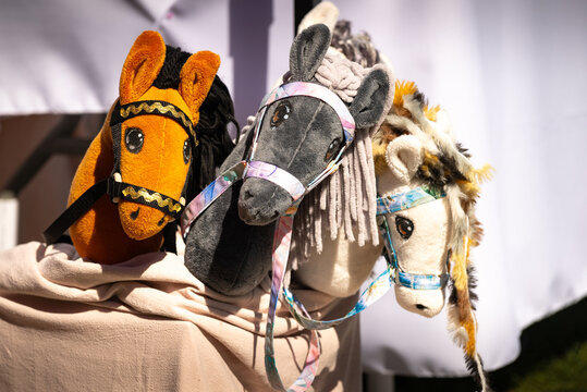 Toy horse heads on a stick for hobby horse riding