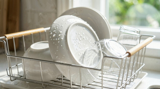 Clean white dishes and glassware drying in a metal rack by window  