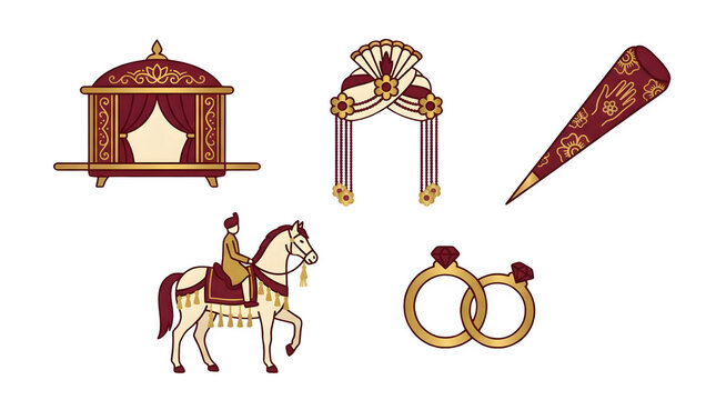 Traditional Indian wedding icons set, maroon and gold marriage ceremony elements, groom on white horse and henna cone illustrations, 5 cultural wedding assets