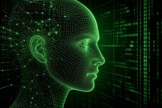 Digital wire frame human head facing matrix of green data