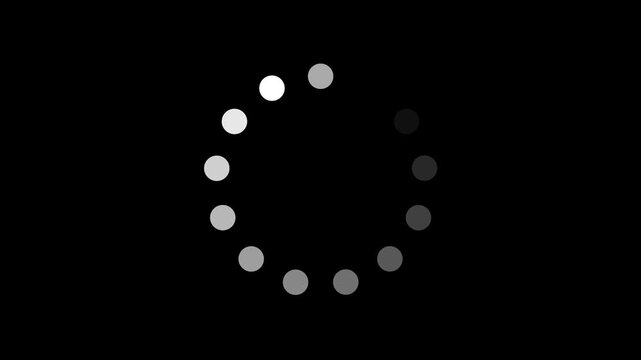 Minimalist white loading circle animation, rotating dots progress indicator, user interface web element, digital waiting icon, buffering symbol, isolated on black background, 4k.
