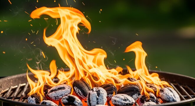 Barbecue grill fire with burning charcoal for USA Independence Day backyard cookout