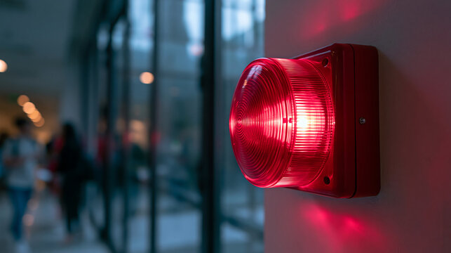 glowing red fire alarm siren on wall with blurred background representing emergency warning and safety system