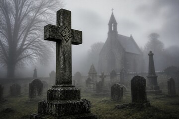 Obraz premium Stone cross standing in foggy graveyard near chapel