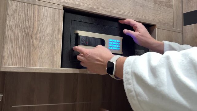 Opening and closing a safe with digital lock, beeping keypad, spinning dial, secure storage access routine.