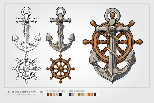 Classic vintage anchor and old ship's steering wheel vector illustration featuring detailed rope good for nautical theme design.