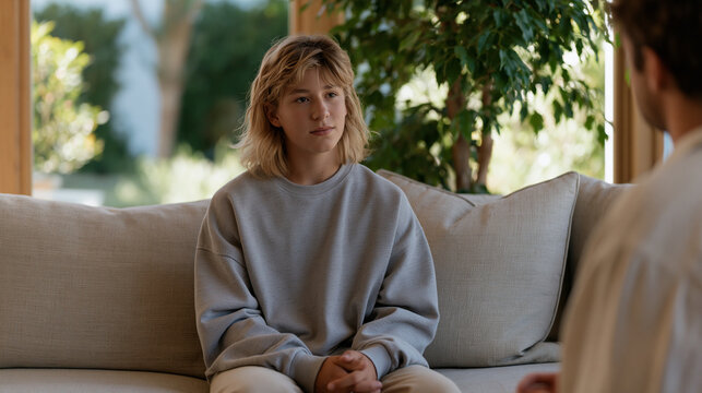 Therapist and teenage boy sitting across from each other in a calm counseling office, the teen's withdrawn posture slowly opening as the session progresses, natural light from a