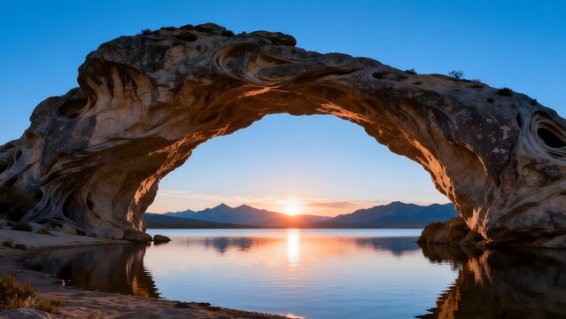 Natural rock arch over calm water at sunset