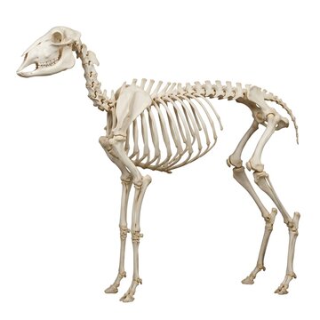 Full body skeleton of a sheep isolated on white background providing clear view of bone structure.
