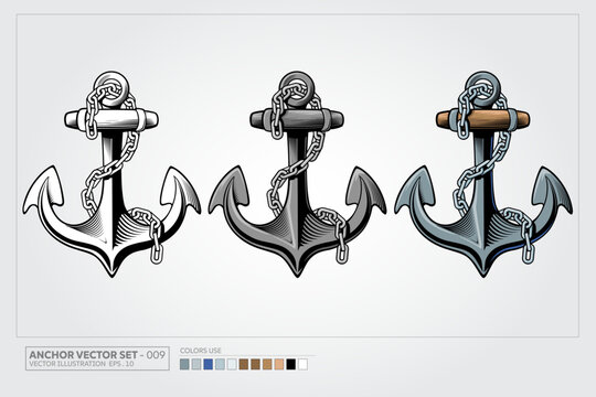 Classic vintage anchor vector illustration featuring detailed chain, good for nautical theme design.