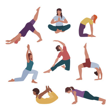 Collection of women practicing yoga poses. Flat vector illustration featuring meditation, stretching and fitness exercises isolated on a light background.