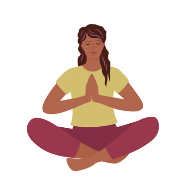 Vector illustration of a woman meditating in Sukhasana with namaste hands. Flat cartoon character doing yoga for mental health, mindfulness, and wellness concept. 