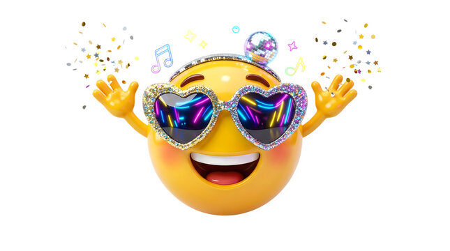 Party emoji character wearing glitter heart sunglasses, happy dancing yellow emoticon with disco ball and confetti, celebratory music festival avatar