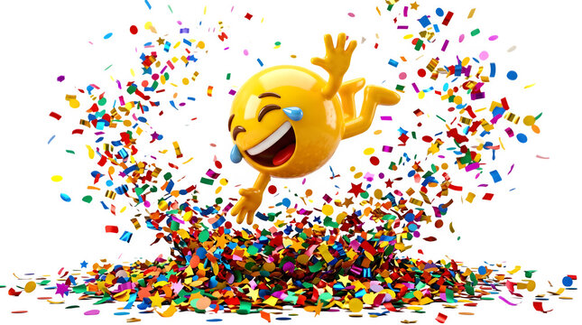Laughing emoji character with colorful confetti explosion, joyful yellow 3D emoticon celebrating, happy face with tears of joy on white background