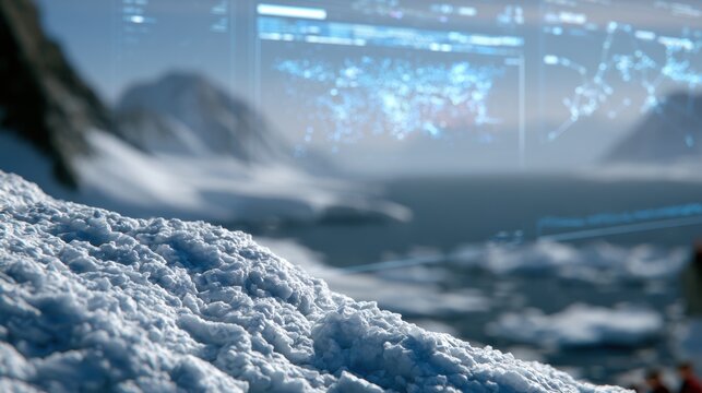 arctic climate study, seamlessly blend arctic scenery with holographic satellite data, temperature maps, and ice thickness readings scientists analyze climate models in futuristic yet realistic