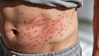 Fototapeta premium Man showing skin rash on torso. Inflamed red bumps and irritation on belly. Dermatological disease symptom for medical diagnosis, health checkup and clinical dermatology research study.