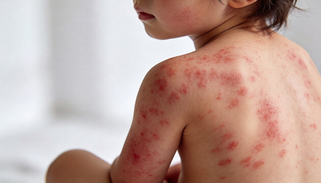 Child with eczema on skin. Toddler suffering from dermatitis or allergic rash on back and shoulder. Medical diagnosis and treatment of skin inflammation. Healthcare and pediatric concept.