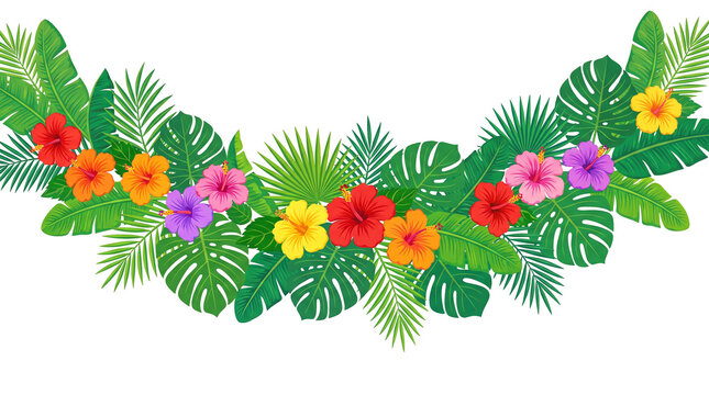 Tropical hibiscus and palm leaves floral border, transparent background