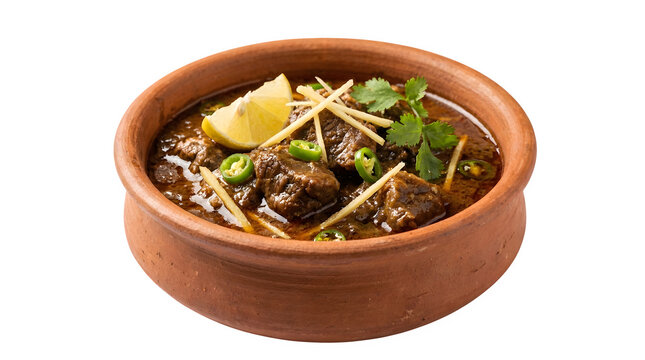Traditional beef nihari stew in clay pot, authentic Pakistani meat curry with ginger and lemon, spicy Indian beef gravy isolated on white background
