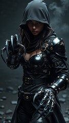 Naklejka premium portrait young woman dressed dark ominous outfit she wearing black hooded cloak hood covers her head shoulders cloak leather has gold accents shoulders arms woman also wearing pair black gloves gold