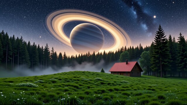 digital illustration beautiful landscape large planet center planet surrounded ring light which appears ring glowing orange yellow sky filled stars milky way visible top right corner foreground small