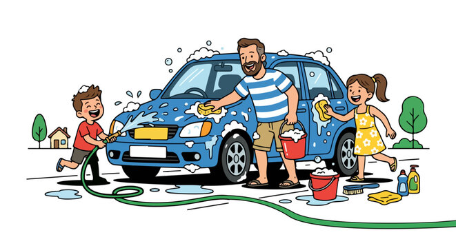 Father and children washing a car together on a sunny day