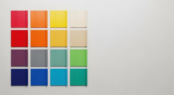 A neat arrangement of colorful paint swatches demonstrating various textures and shades for interior design and selecting the perfect palette, contemporary, home, swatch