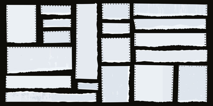 Torn notebook paper pieces with perforated edges on a black background
