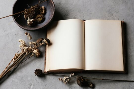 Open book with blank pages lies on grey surface near dried flowers in bowl. Minimalist still life composition shows nature detail. Copy space for text or art.