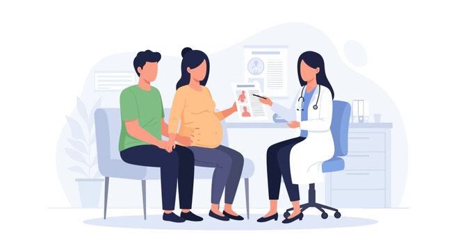 Pregnant woman and partner with doctor discussing medical report at clinic