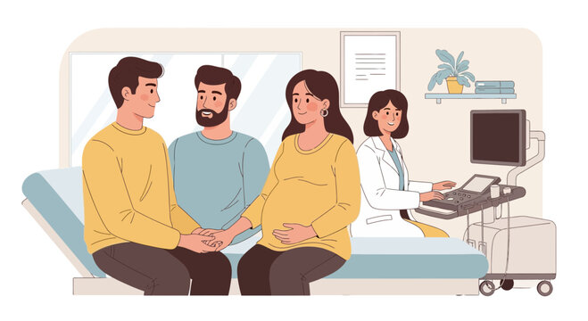 Pregnant Woman and Partner with Doctor at Ultrasound Appointment