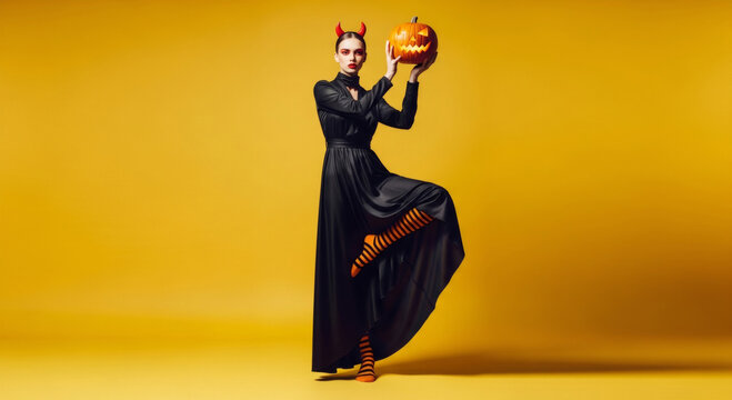 Woman dressed as devil holding carved pumpkin lantern. Fashionable girl in black dress and horns posing for Halloween celebration. Scary portrait on yellow background for party concept.